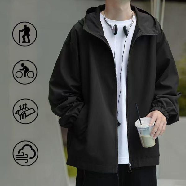 men's utility windbreaker black oversized casual rain jacket with hood