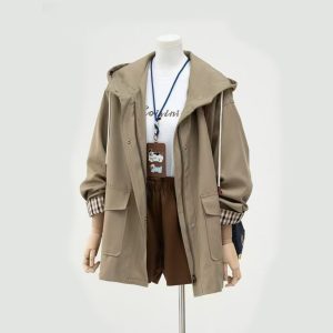 women's trench coat with hood khaki oversized utility style for petite