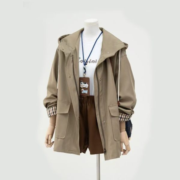 women's trench coat with hood khaki oversized utility style for petite