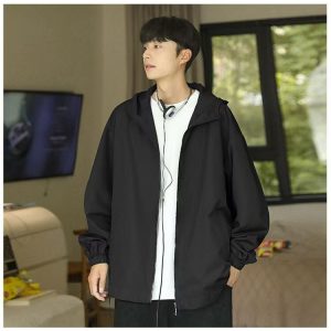 men's utility windbreaker black oversized casual rain jacket with hood