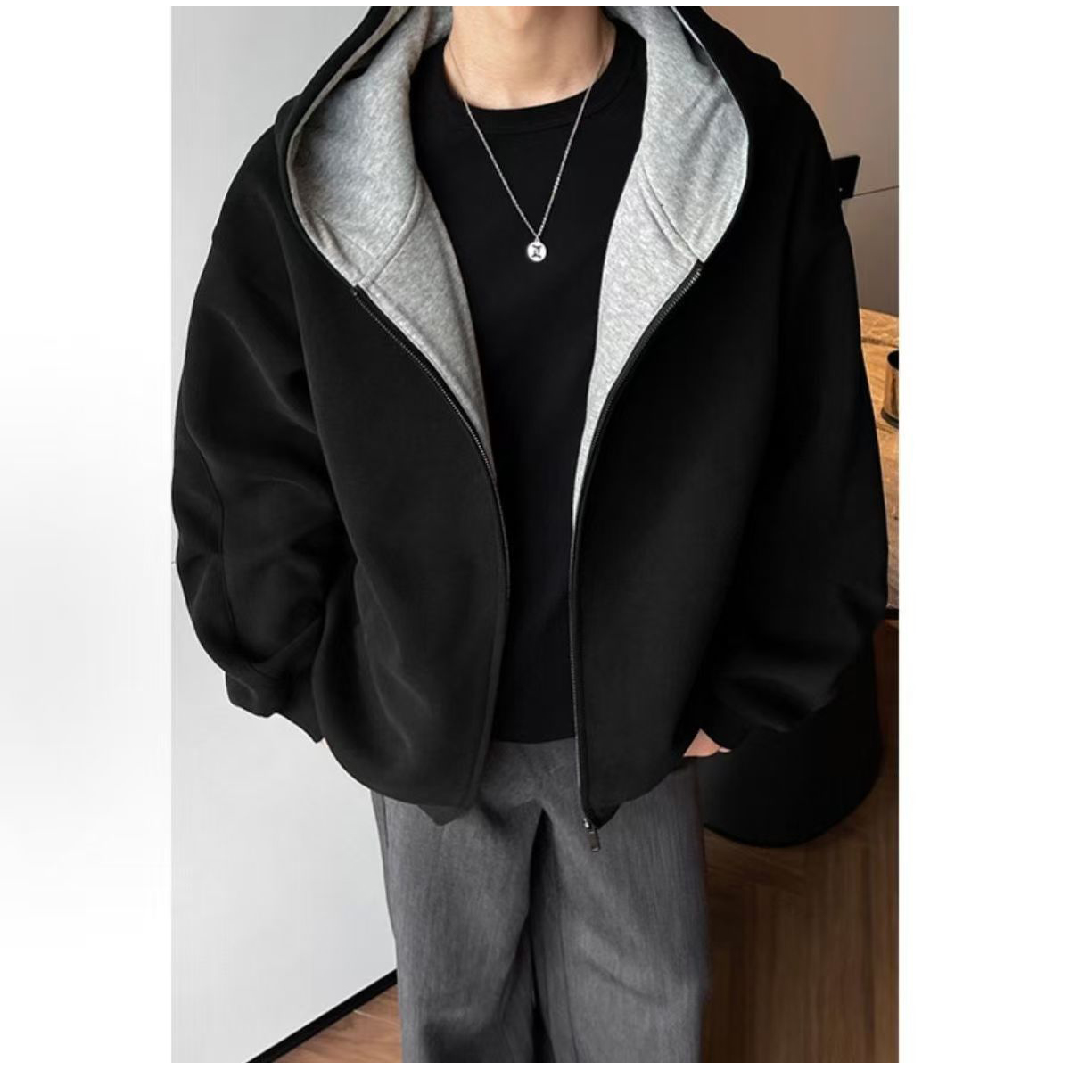 men's color block zip up hoodie black oversized casual jacket men's color block zip up hoodie black oversized casual jacket