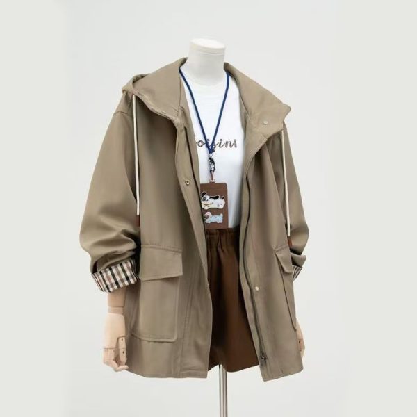women's trench coat with hood khaki oversized utility style for petite